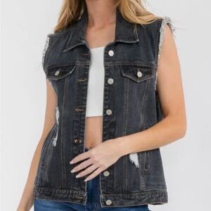 Black Denim Distressed Sleeveless Vest